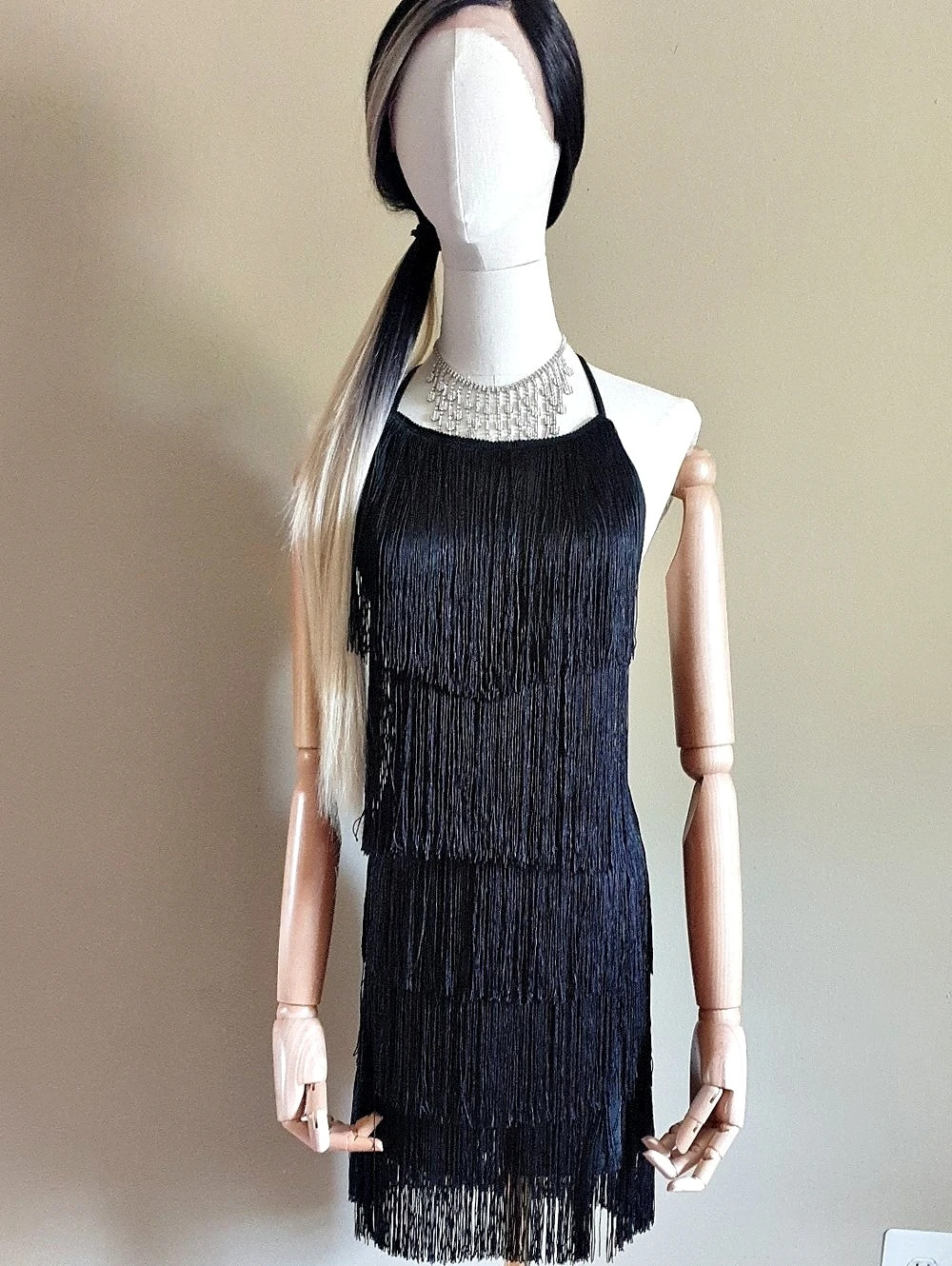 Fringe Halter Mini Dress in Black Like New